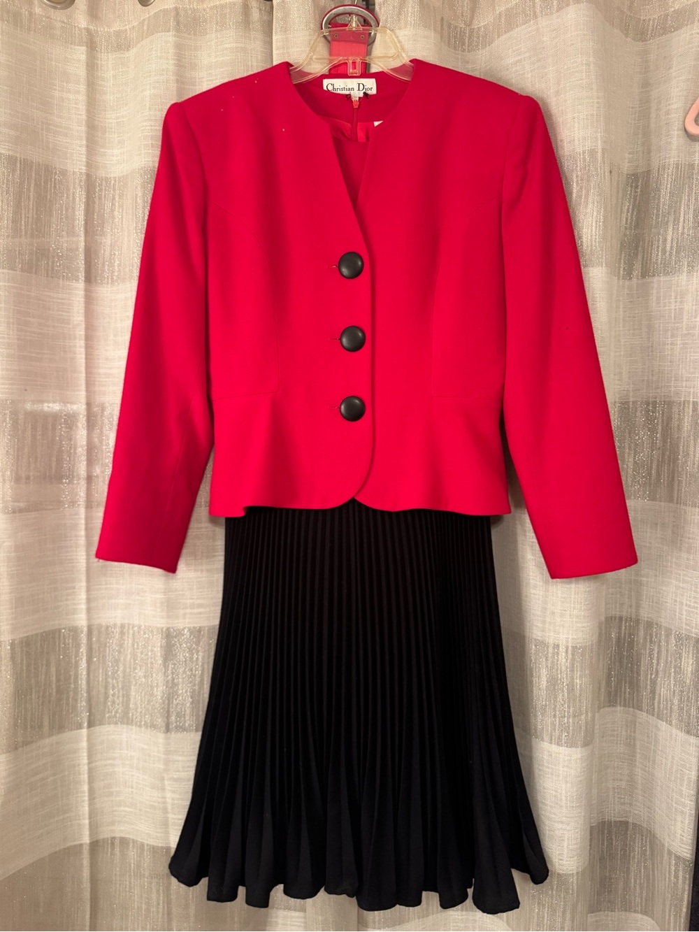 Vintage Dior Red Jacket with Black Pleated Midi Skirt